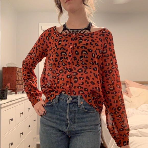 Orange Leopard Print Opaque Blouse - Picture 1 of 5